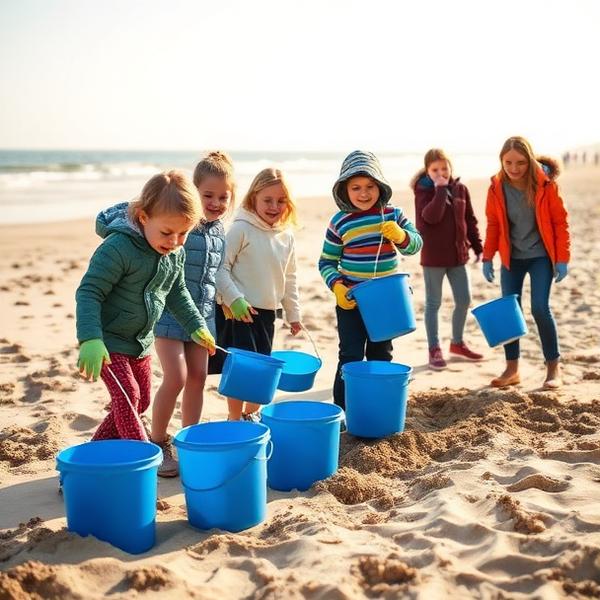 Kinderen met blauwe emmers ruimen het strand op