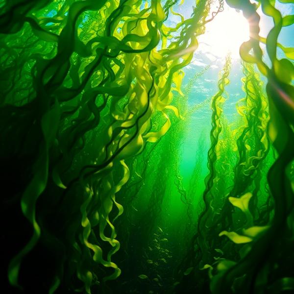 Onderwater zeewierwoud met zonlicht
