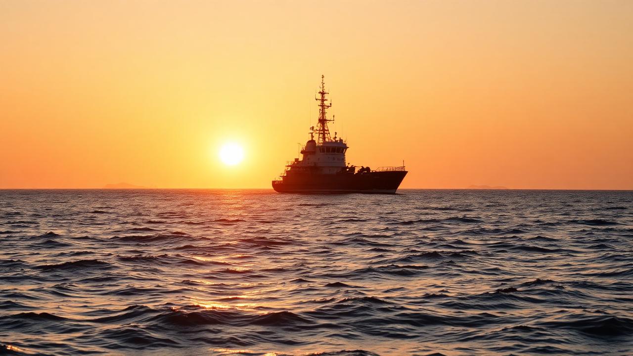 Onderzoeksschip op de Noordzee bij zonsondergang